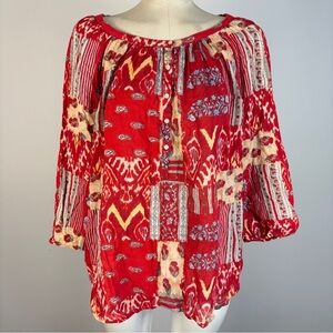 Chaps Denim Women's L Red Patchwork Print Peasant Blouse Top